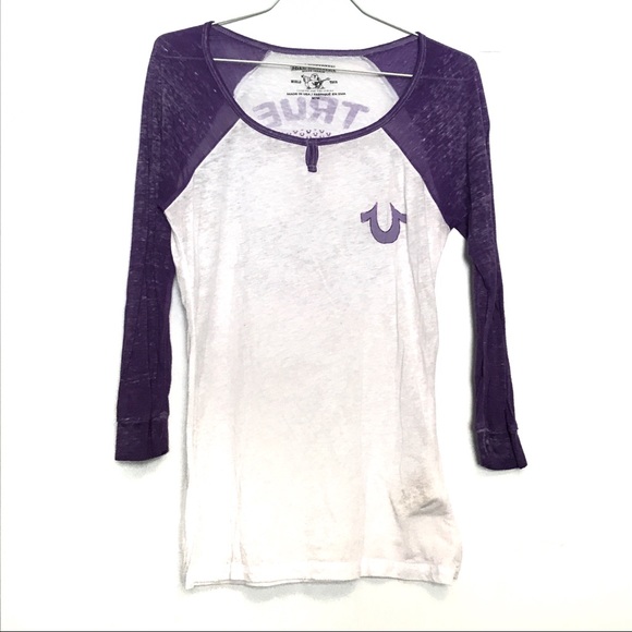 True Religion Tops - TRUE RELIGION Purple and White 3/4 Sleeve Top